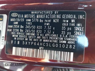2020 Kia Telluride S with VIN 5XYP64HC5LG010282, listed as a IAAI auction lot 42532923 with 72,941 mi miles and . Bid and sale history available at DreamBid. Image 9.