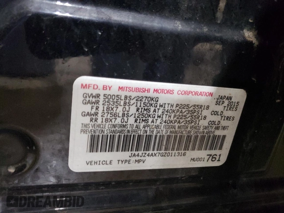2016 Mitsubishi Outlander GT with VIN JA4JZ4AX7GZ011316, listed as a Copart auction lot 58734695 with 188,955 mi miles and Salvage title. Bid and sale history available at DreamBid. Image 13.