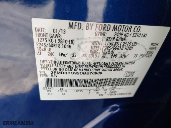 2013 Ford Edge SE with VIN 2FMDK3G92DBB70989, listed as a IAAI auction lot 41585462 with 1 mi miles. Bid and sale history available at carsss.com. Image 9.