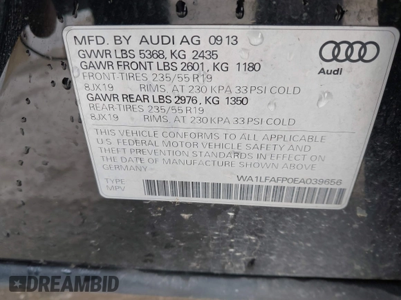 2014 Audi Q5 Premium Plus with VIN WA1LFAFP0EA039656, listed as a IAAI auction lot 41515060 with 135,241 mi miles and . Bid and sale history available at DreamBid. Image 9.