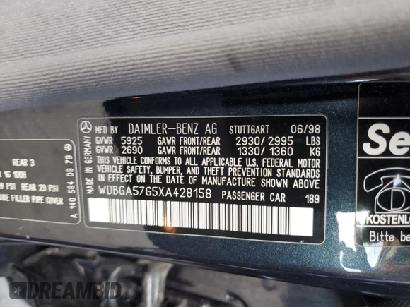 1999 Mercedes-Benz S with VIN WDBGA57G5XA428158, listed as a Copart auction lot 65543515 with 65,698 mi miles and Salvage title. Bid and sale history available at DreamBid. Image 12.
