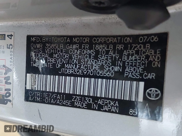 2007 Toyota Corolla CE with VIN JTDBR32E970105560, listed as a IAAI auction lot 42051354 with 140,451 mi miles and . Bid and sale history available at DreamBid. Image 9.