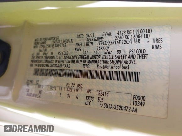 2012 Ford Econoline Passenger XL с VIN 1FBSS3BLXCDA01332, выставлен на аукционе IAAI как лот 38521947 с пробегом Не указан миль и . История ставок и продаж доступна на DreamBid. Изображение 9.