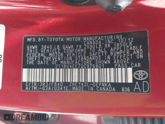 2013 Toyota Corolla L with VIN 2T1BU4EE7DC976801, listed as a IAAI auction lot 42060881 with 123,016 mi miles and . Bid and sale history available at DreamBid. Image 9.