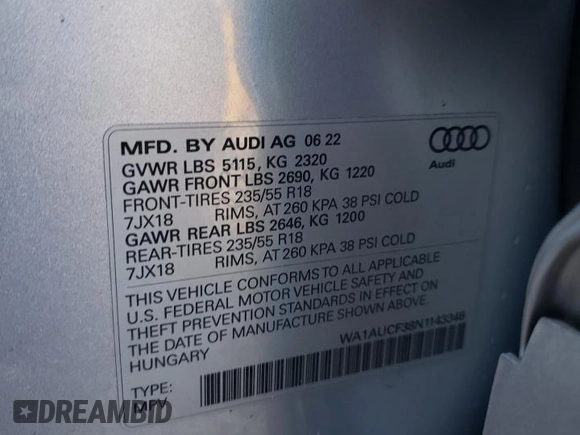 2022 Audi Q3 Premium with VIN WA1AUCF38N1143348, listed as a Copart auction lot 73682014 with 10,130 mi miles and Salvage Title. Bid and sale history available at carsss.com. Image 13.