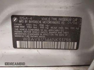 2006 BMW 3 Series 325i with VIN WBAVB17566NK33798, listed as a IAAI auction lot 42425997 with 210,994 mi miles and . Bid and sale history available at DreamBid. Image 9.