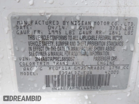 2014 Nissan Sentra SV with VIN 3N1AB7AP9EL665057, listed as a IAAI auction lot 41759919 with 91,420 mi miles and . Bid and sale history available at DreamBid. Image 9.