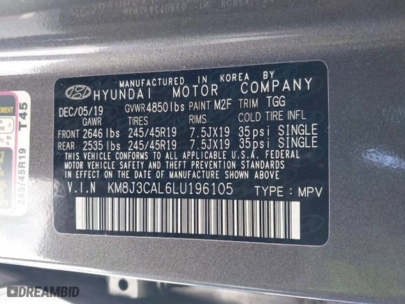 2020 Hyundai Tucson SEL with VIN KM8J3CAL6LU196105, listed as a IAAI auction lot 41589084 with 50,806 mi miles. Bid and sale history available at carsss.com. Image 9.
