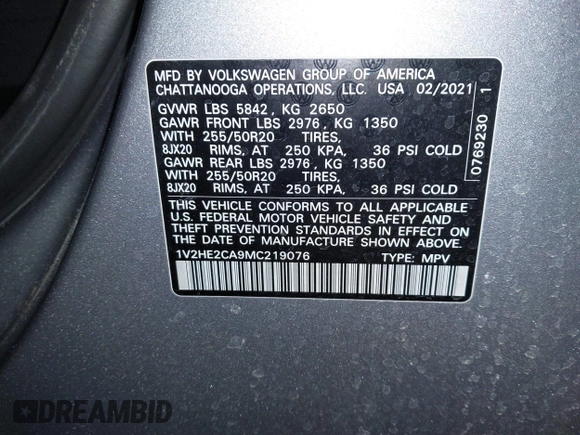 2021 Volkswagen Atlas SE z VIN 1V2HE2CA9MC219076, wystawiony jako IAAI lot #41608670 z przebiegiem 56 162 mil mil oraz . Historia ofert i sprzedaży dostępna na DreamBid. Obrazek 9.