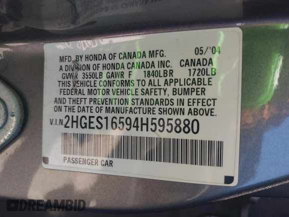 2004 Honda Civic LX z VIN 2HGES16594H595880, wystawiony jako IAAI lot #42293793 z przebiegiem 112 535 mil mil oraz . Historia ofert i sprzedaży dostępna na DreamBid. Obrazek 9.