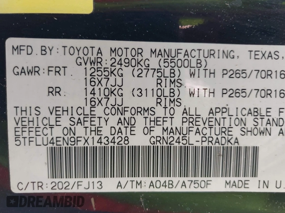 2015 Toyota Tacoma with VIN 5TFLU4EN9FX143428, listed as a IAAI auction lot 42173370 with 200,447 mi miles and . Bid and sale history available at DreamBid. Image 9.