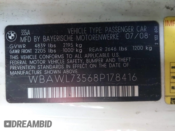 2008 BMW 3 Series 335i with VIN WBAWL73568P178416, listed as a IAAI auction lot 41594372 with Not Provided miles and . Bid and sale history available at carsss.com. Image 9.