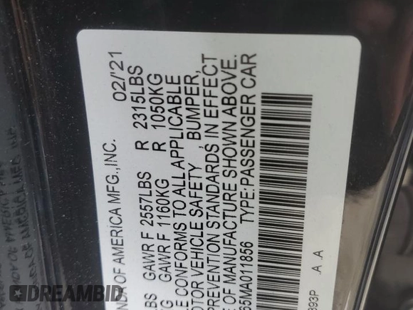 2021 Acura TLX Advance with VIN 19UUB5F65MA011856, listed as a Copart auction lot 54974865 with 29,390 mi miles and Salvage title. Bid and sale history available at DreamBid. Image 12.