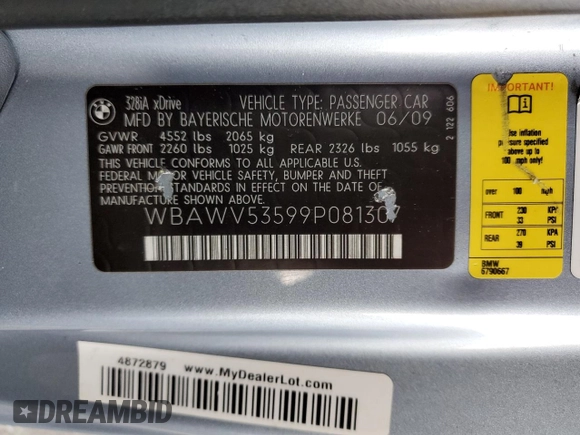 2009 BMW 3 Series 328i xDrive with VIN WBAWV53599P081307, listed as a Copart auction lot 86952404 with 175,556 mi miles and Salvage Title. Bid and sale history available at carsss.com. Image 12.
