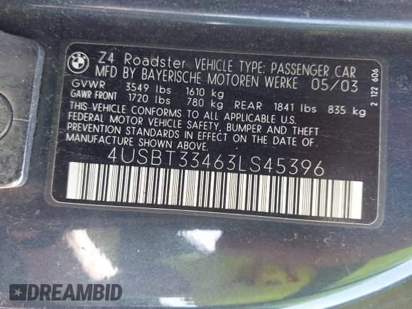 2003 BMW Z4 2.5i with VIN 4USBT33463LS45396, listed as a IAAI auction lot 42323284 with 183,343 mi miles and . Bid and sale history available at DreamBid. Image 9.