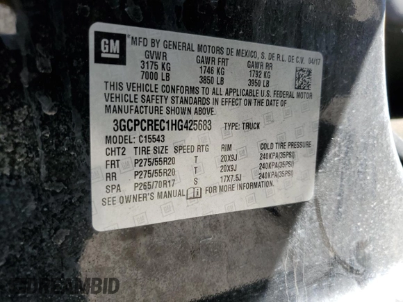 2017 Chevrolet Silverado 1500 LT with VIN 3GCPCREC1HG425683, listed as a Copart auction lot 49746205 with 0 mi miles and Salvage Title. Bid and sale history available at carsss.com. Image 12.