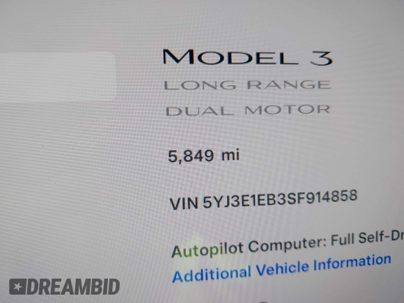 2025 Tesla Model 3 Long Range with VIN 5YJ3E1EB3SF914858, listed as a IAAI auction lot 42719707 with 5,849 mi miles and . Bid and sale history available at DreamBid. Image 16.