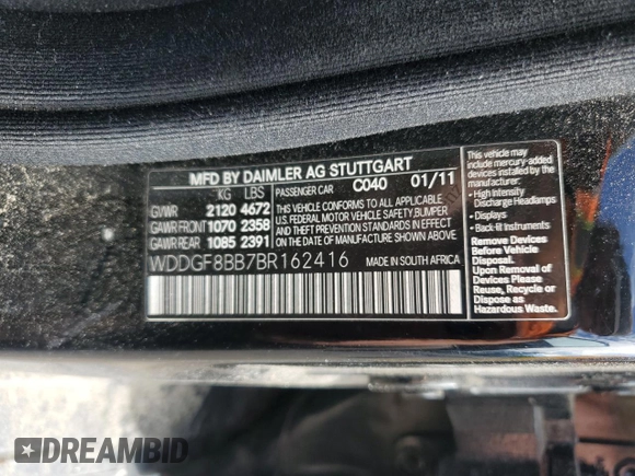 2011 Mercedes-Benz C 300 Sport with VIN WDDGF8BB7BR162416, listed as a Copart auction lot 65396685 with 166,832 mi miles and Clean title. Bid and sale history available at DreamBid. Image 12.