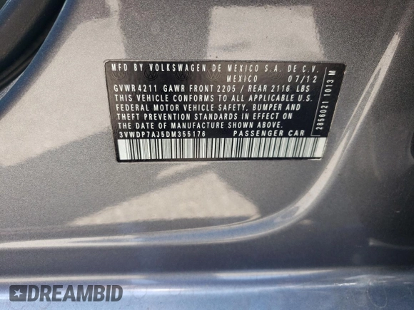2013 Volkswagen Jetta SE with VIN 3VWDP7AJ5DM355176, listed as a Copart auction lot 60324525 with 192,226 mi miles and Salvage title. Bid and sale history available at DreamBid. Image 12.