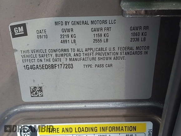 2011 Buick LaCrosse CX with VIN 1G4GA5ED8BF177203, listed as a IAAI auction lot 42282735 with 148,499 mi miles and . Bid and sale history available at DreamBid. Image 9.