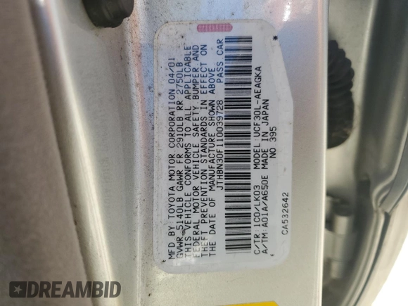 2001 Lexus LS 430 with VIN JTHBN30F110039728, listed as a Copart auction lot 47979435 with 215,935 mi miles and Salvage Title. Bid and sale history available at DreamBid. Image 12.