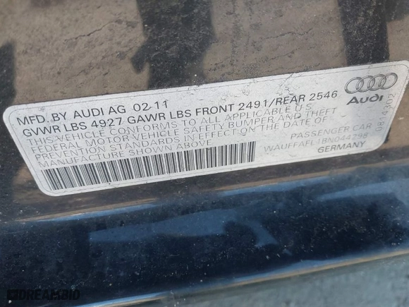 2011 Audi A4 2.0T Premium Plus with VIN WAUFFAFL1BN044298, listed as a IAAI auction lot 41773659 with 123,986 mi miles. Bid and sale history available at carsss.com. Image 9.