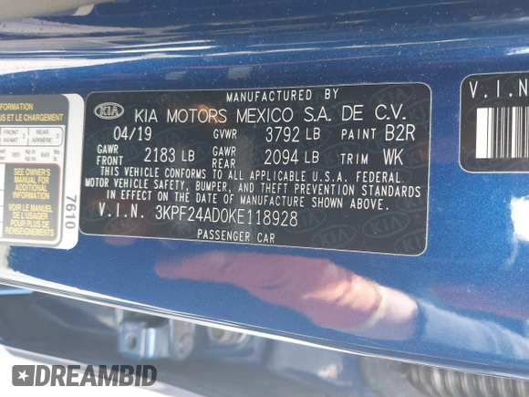 2019 Kia Forte LXS with VIN 3KPF24AD0KE118928, listed as a IAAI auction lot 39548504 with 43,573 mi miles. Bid and sale history available at carsss.com. Image 9.