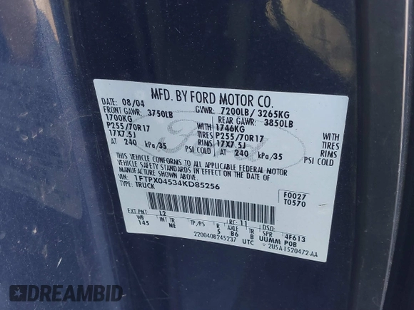 2004 Ford F-150 XLT with VIN 1FTPX04534KD85256, listed as a IAAI auction lot 41025786 with 108,160 mi miles and . Bid and sale history available at DreamBid. Image 9.