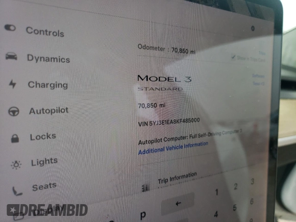 2019 Tesla Model 3 Mid Range with VIN 5YJ3E1EA8KF485000, listed as a Copart auction lot 42934895 with 70,850 mi miles and Salvage Title. Bid and sale history available at DreamBid. Image 9.
