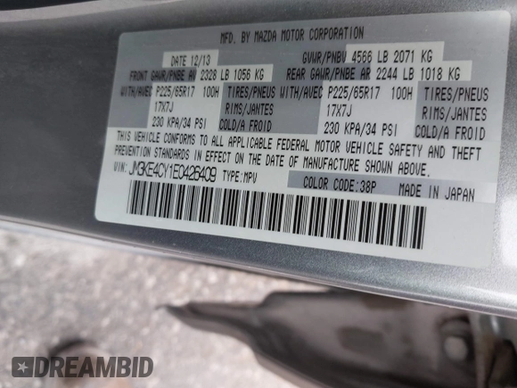 2014 Mazda CX-5 Touring with VIN JM3KE4CY1E0426409, listed as a IAAI auction lot 41924258 with 116,956 mi miles. Bid and sale history available at carsss.com. Image 9.