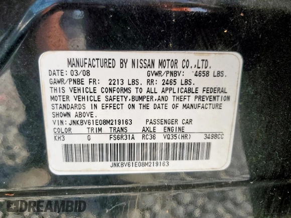2008 Infiniti G35 Journey z VIN JNKBV61E08M219163, wystawiony jako Copart lot #60111055 z przebiegiem 72 496 mil mil oraz Szkoda całkowita • Salvage title. Historia ofert i sprzedaży dostępna na DreamBid. Obrazek 13.