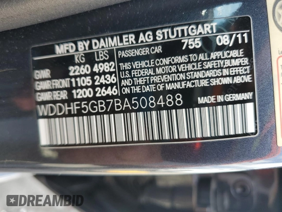 2011 Mercedes-Benz E 350 Luxury with VIN WDDHF5GB7BA508488, listed as a Copart auction lot 55531875 with 114,351 mi miles and Salvage Title. Bid and sale history available at DreamBid. Image 12.