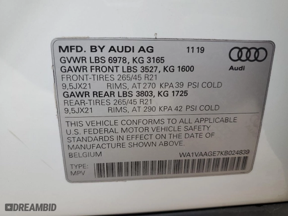 2019 Audi e-tron Prestige with VIN WA1VAAGE7KB024839, listed as a Copart auction lot 38277753 with 35,418 mi miles. Bid and sale history available at carsss.com. Image 14.
