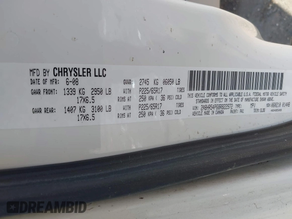 2008 Chrysler Town & Country Touring with VIN 2A8HR54P68R822972, listed as a IAAI auction lot 42056631 with 189,987 mi miles and . Bid and sale history available at DreamBid. Image 9.