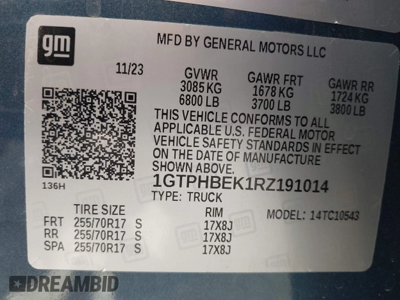 2024 GMC Sierra 1500 with VIN 1GTPHBEK1RZ191014, listed as a IAAI auction lot 41989521 with 8,277 mi miles and . Bid and sale history available at DreamBid. Image 9.