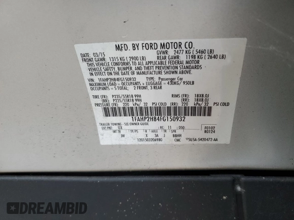 2015 Ford Taurus SEL with VIN 1FAHP2H84FG150932, listed as a Copart auction lot 61298455 with 82,419 mi miles and Clean title. Bid and sale history available at DreamBid. Image 12.