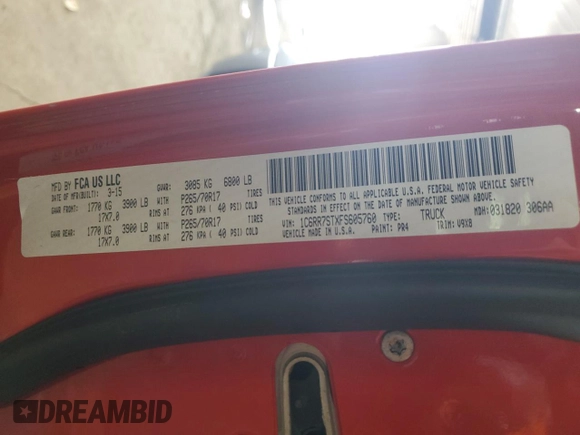 2015 Ram 1500 ST с VIN 1C6RR7STXFS605760, выставлен на аукционе Copart как лот 58031575 с пробегом 134 999 миль миль и Чистый • Clean title. История ставок и продаж доступна на DreamBid. Изображение 12.