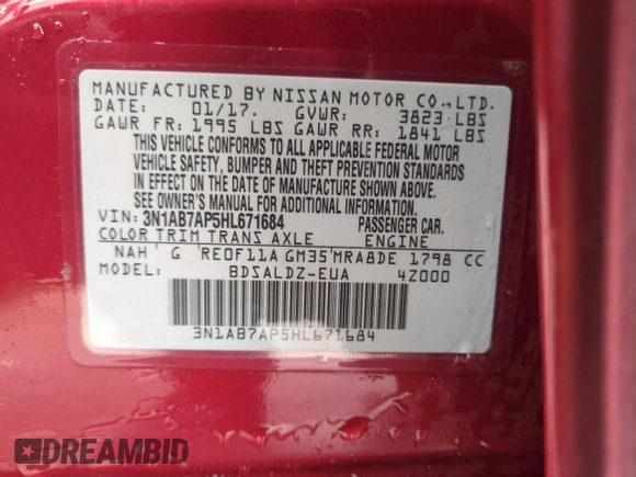 2017 Nissan Sentra SV with VIN 3N1AB7AP5HL671684, listed as a Copart auction lot 50741995 with 108,044 mi miles and Salvage Title. Bid and sale history available at carsss.com. Image 13.
