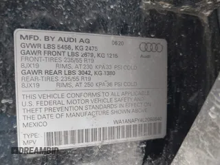 2020 Audi Q5 Premium with VIN WA1ANAFY4L2088840, listed as a IAAI auction lot 41392034 with 33,501 mi miles and . Bid and sale history available at DreamBid. Image 9.