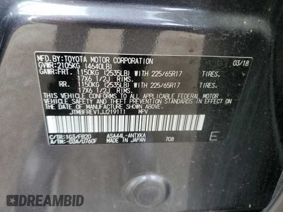2018 Toyota RAV4 LE z VIN JTMBFREV1JJ219111, wystawiony jako Copart lot #69426224 z przebiegiem 89 555 mil mil oraz Nie do naprawy • Non repairable. Historia ofert i sprzedaży dostępna na DreamBid. Obrazek 15.