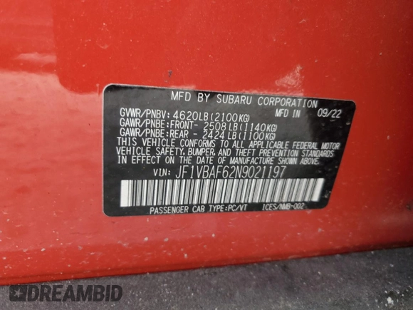 2022 Subaru WRX Premium z VIN JF1VBAF62N9021197, wystawiony jako Copart lot #61986355 z przebiegiem Nie podano mil oraz Nie do naprawy • Non repairable. Historia ofert i sprzedaży dostępna na DreamBid. Obrazek 13.