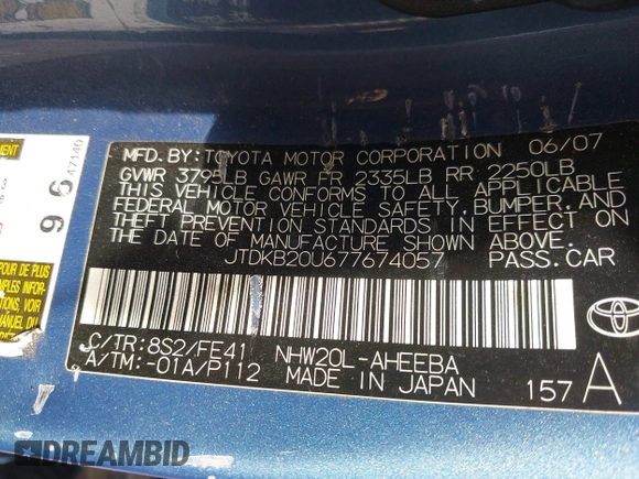 2007 Toyota Prius z VIN JTDKB20U677674057, wystawiony jako IAAI lot #41663525 z przebiegiem Nie podano mil oraz . Historia ofert i sprzedaży dostępna na DreamBid. Obrazek 9.