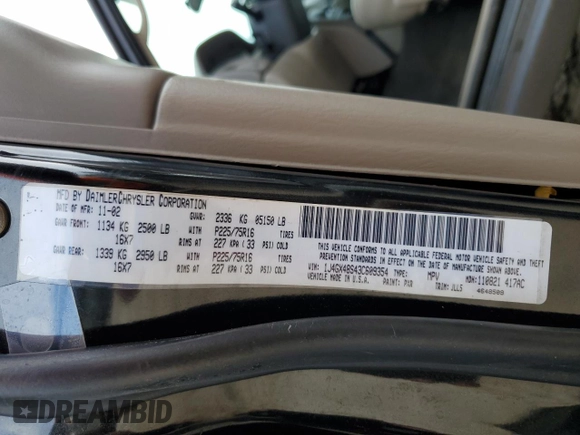 2003 Jeep Grand Cherokee Laredo with VIN 1J4GX48S43C609354, listed as a Copart auction lot 43924595 with 212,949 mi miles and Salvage Title. Bid and sale history available at carsss.com. Image 13.