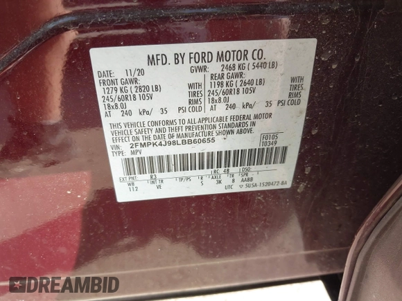 2020 Ford Edge SEL with VIN 2FMPK4J98LBB60655, listed as a IAAI auction lot 41821501 with 41,624 mi miles. Bid and sale history available at carsss.com. Image 9.