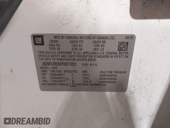 2015 Chevrolet Equinox LT with VIN 2GNFLFE3XF6371231, listed as a IAAI auction lot 41834123 with 116,651 mi miles and . Bid and sale history available at DreamBid. Image 9.