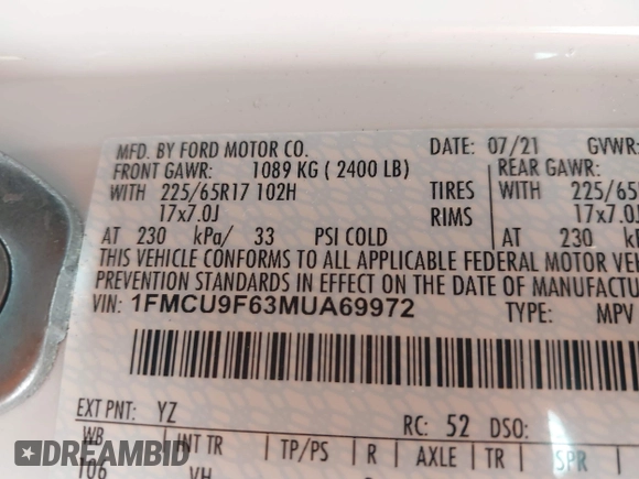 2021 Ford Escape S with VIN 1FMCU9F63MUA69972, listed as a IAAI auction lot 41916755 with 98,163 mi miles and . Bid and sale history available at DreamBid. Image 9.