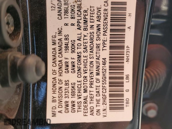 2016 Honda Civic Sedan LX with VIN 2HGFC2F55GH521464, listed as a Copart auction lot 52149185 with 78,269 mi miles and Salvage Title. Bid and sale history available at carsss.com. Image 13.