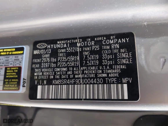 2013 Hyundai Santa Fe Limited with VIN KM8SR4HF9DU004430, listed as a IAAI auction lot 41986186 with 103,426 mi miles. Bid and sale history available at carsss.com. Image 9.