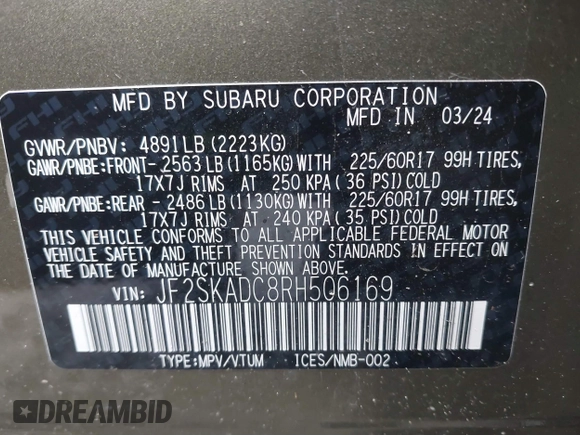2024 Subaru Forester Premium with VIN JF2SKADC8RH506169, listed as a IAAI auction lot 41528579 with 13,099 mi miles. Bid and sale history available at carsss.com. Image 9.