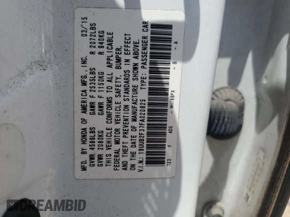 2015 Acura TLX V6 with VIN 19UUB2F37FA020825, listed as a Copart auction lot 56641335 with 213,871 mi miles and Salvage title. Bid and sale history available at DreamBid. Image 12.